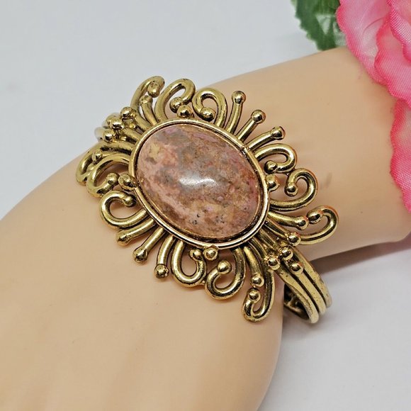 Vintage Signed IXEL Pink Jasper Gold Tone Cuff Bracelet - Picture 1 of 12